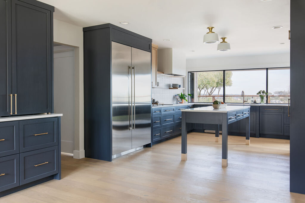 modern kitchen two tone navy and wood 3