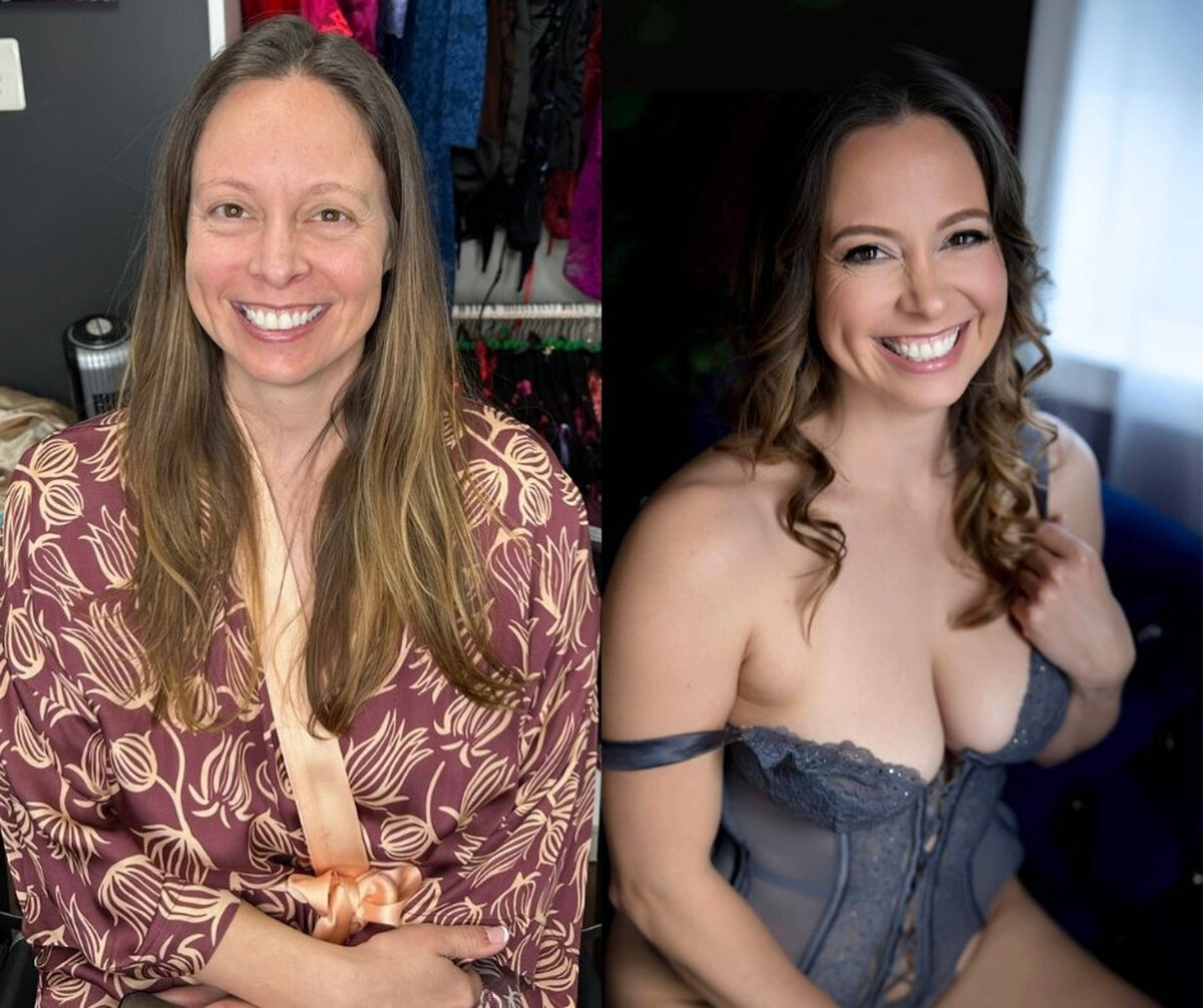 A woman smiles while sitting in a robe next to her in an image from a DC boudoir photographer in blue lingerie