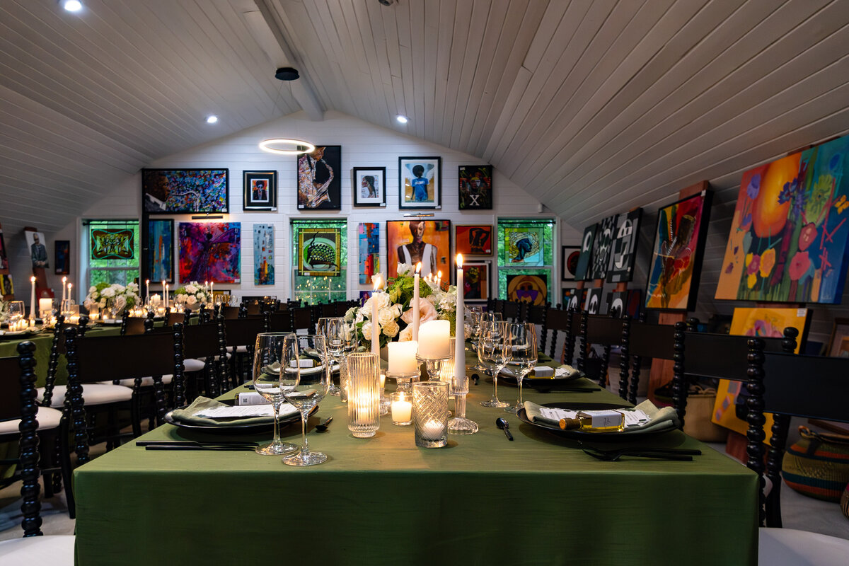 Stylish Business Dinner in the Art Gallery Barn at Wellspring Manor in Upper Marlboro, Maryland. Planning and Design by Howerton+Wooten Events. Photography by Rubyella Photography