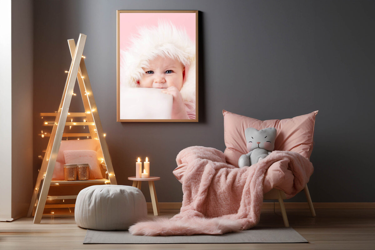 pink and grey nursery room with a photo of a baby girl for her kids portrait session