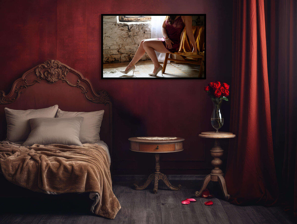 Red bedroom and Hamilton boudoir photography
