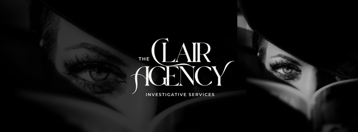 "Black and white image of a mysterious woman’s eyes peeking over a book, wearing a wide-brim hat, with The Clair Agency Investigative Services logo centered."