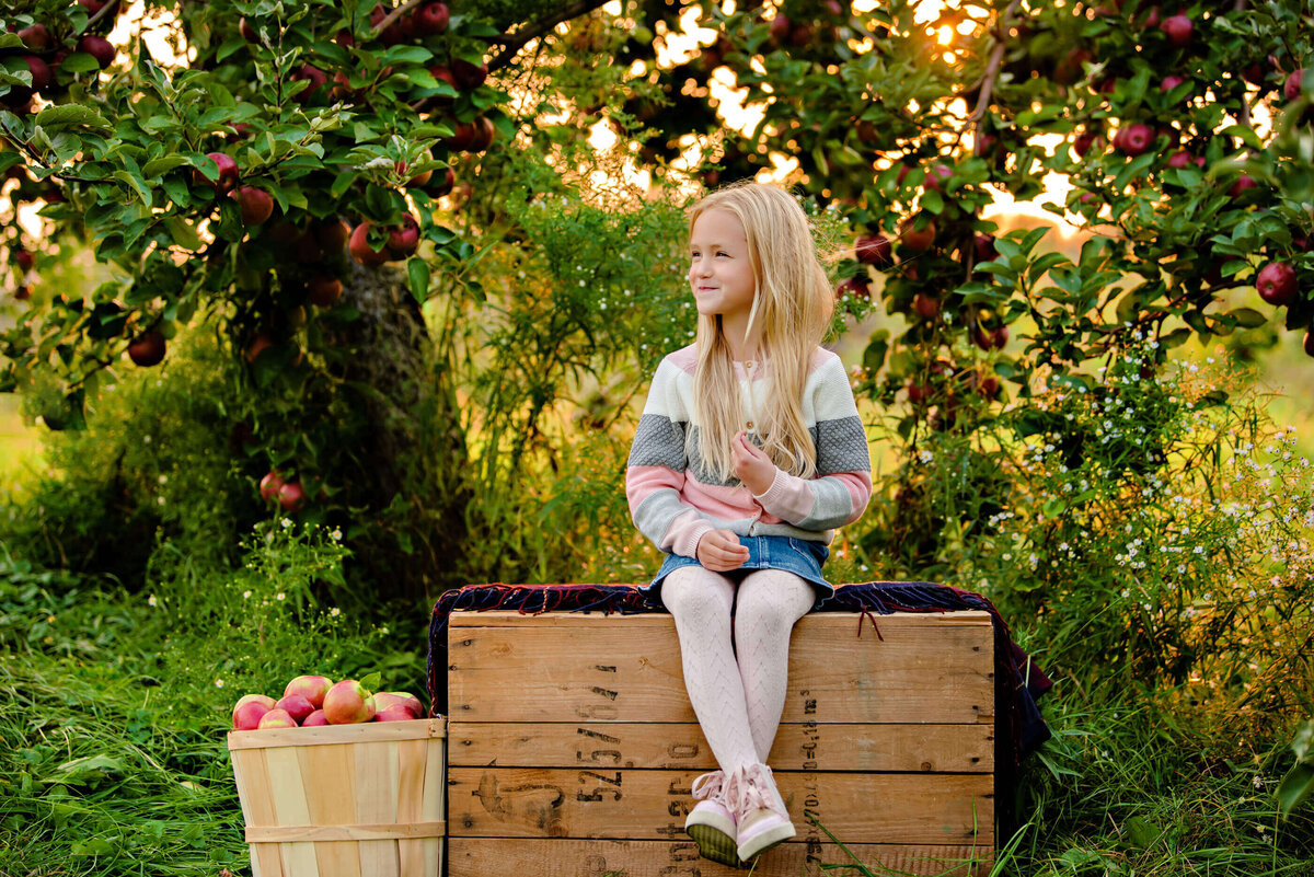 little girl sitting on an apple crate for her fall family photos 