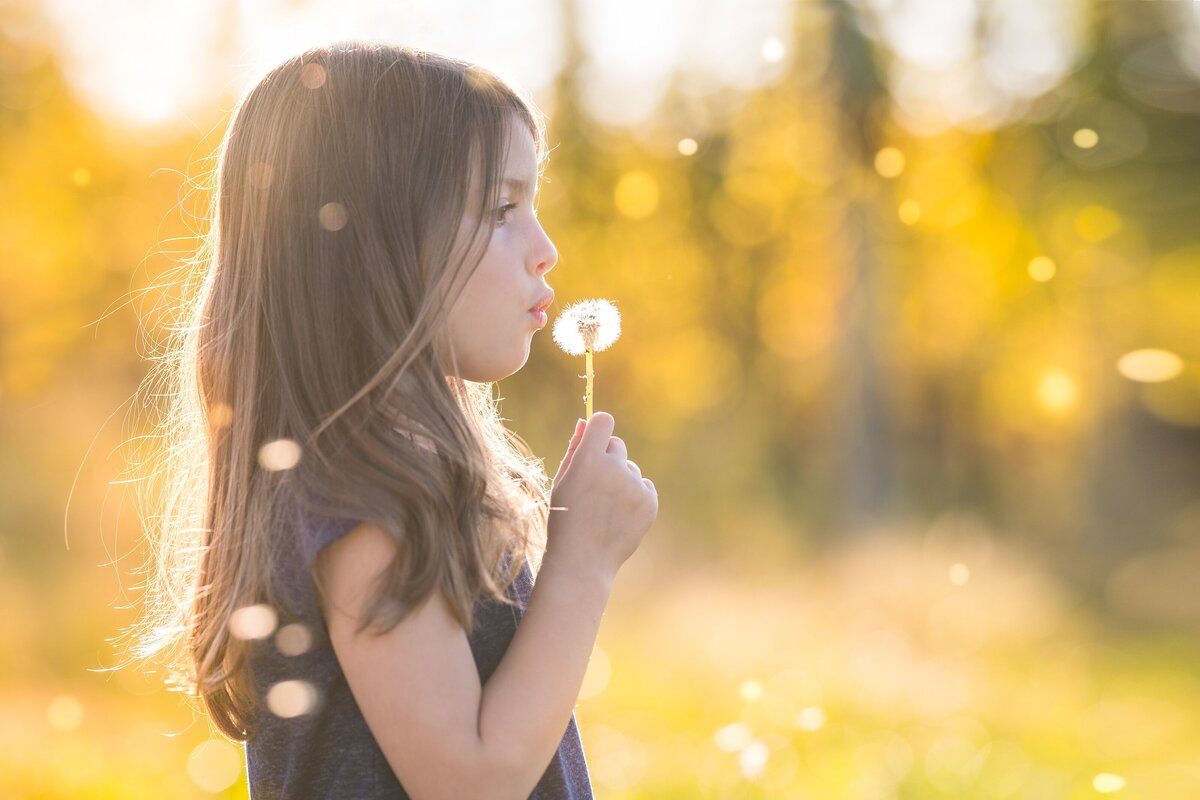 girl in field blowing dandelion
