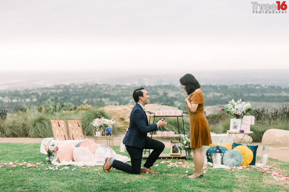 Man gets down on one knee and proposes marriage as their memories surround them