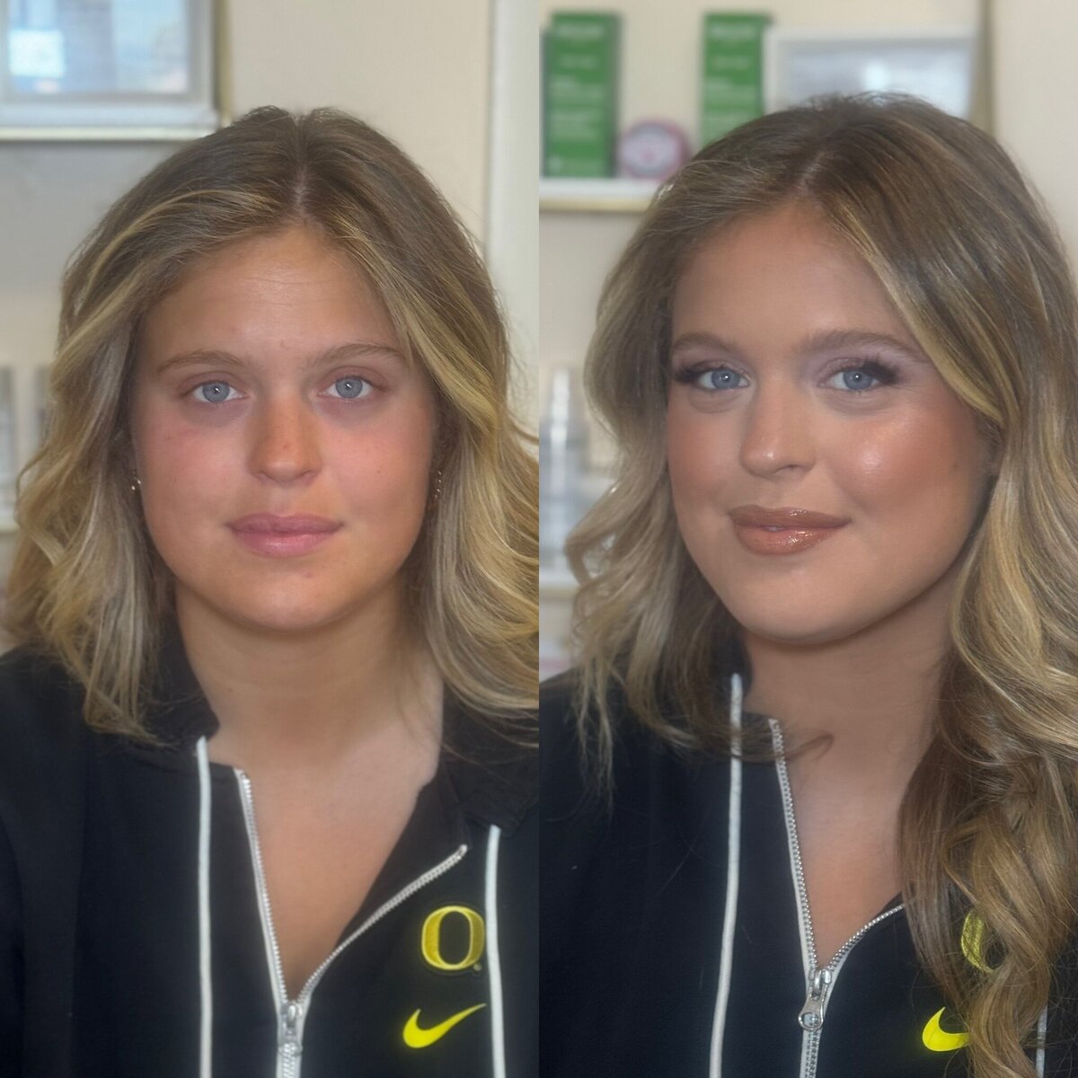 A before and after of a woman wearing makeup representing the offerings of Libby a makeup artist in eugene oregon.