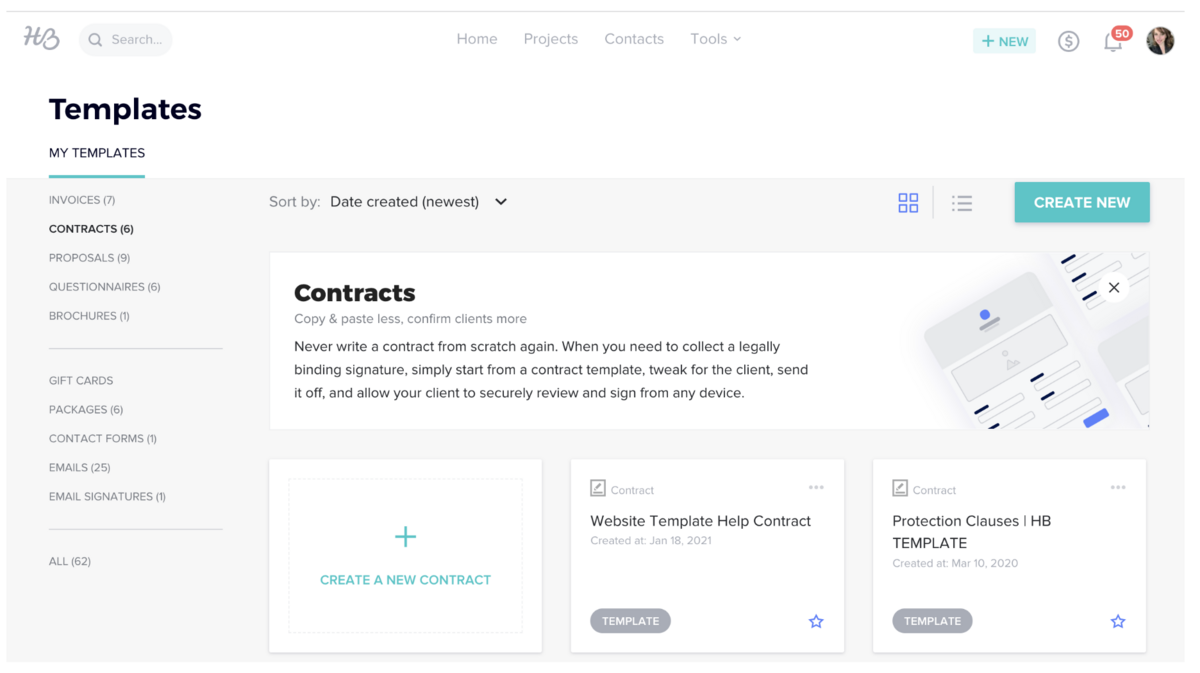 Image of the template section in Honeybook