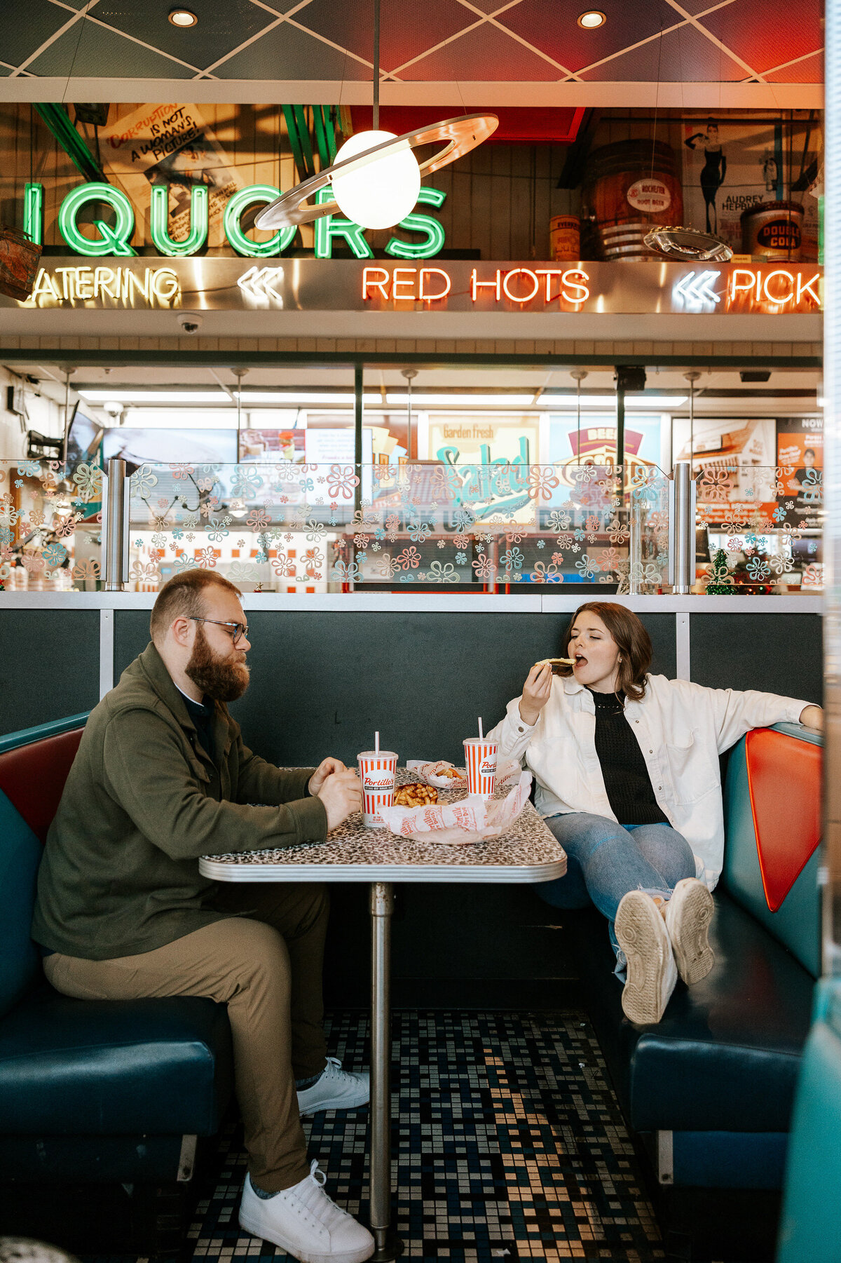 creative fun chicago flash engagement photos at Portillos Hotdogs-28-ed-lucy