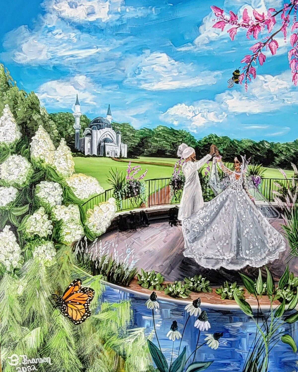 A bride and groom twirl in the garden outside their mosque in this Leesburg Virginia live wedding painting