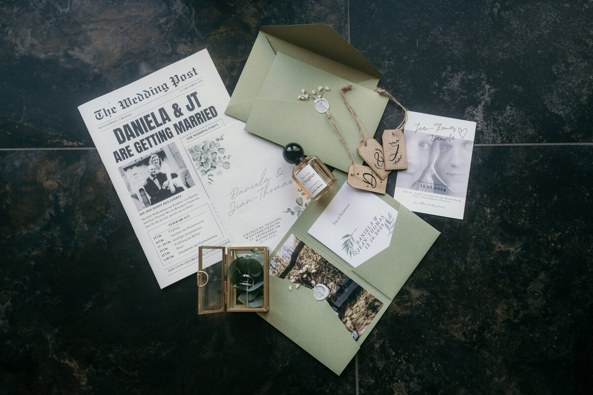 Detail shot of different wedding stationary items. 