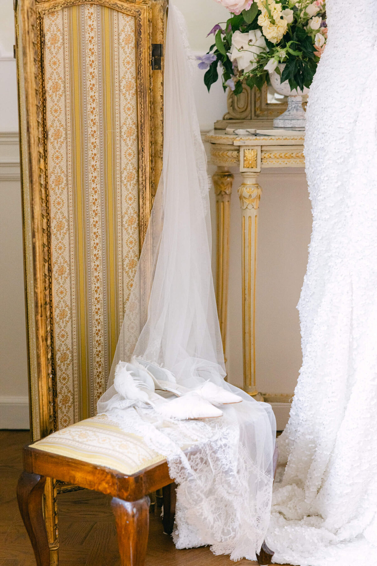 A wedding day bridal shot of a bride in her white dress at Villa Aura del Lago on lake como in Italy
