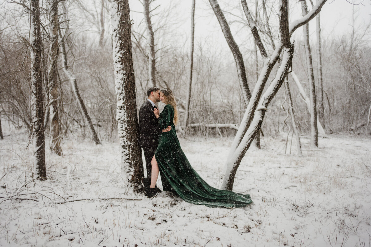Millennium-Moments-Chicago-Wedding-Photographer-Snow-Engagement-Session-Waterfall-Glen-Flutter-Dress-Green-Velvet-Dress-Winter-Chicago-Engagement-85