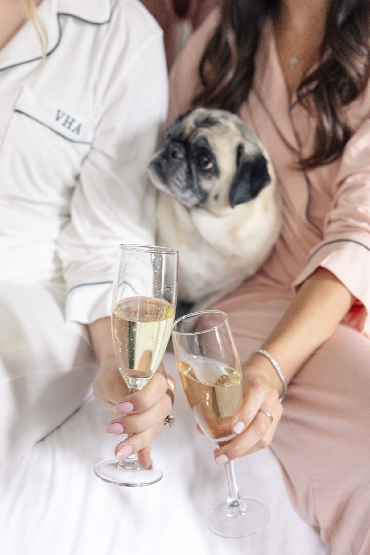 Two people in pajamas sit closely with a pug between them. Each person holds a glass of champagne, with their hands slightly raised. The scene conveys a relaxed and celebratory atmosphere.