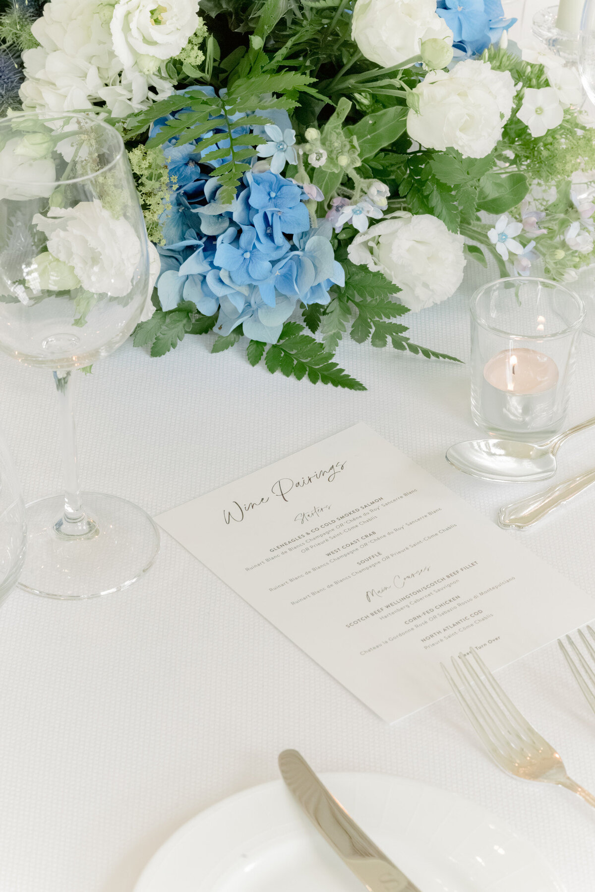 Wedding table details at Gleneagles on an intimate black tie wedding day. Image by luxury wedding photographer, Jill Cherry Porter.