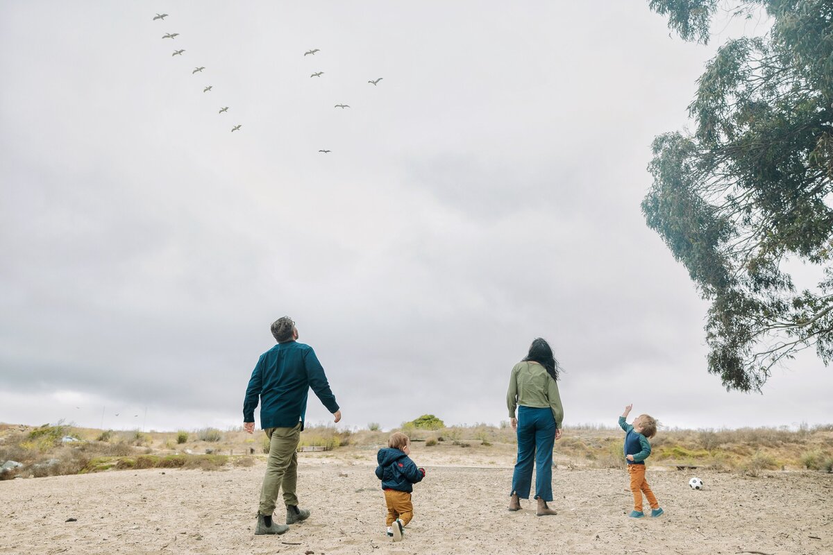Family looks up at birds flying overhead