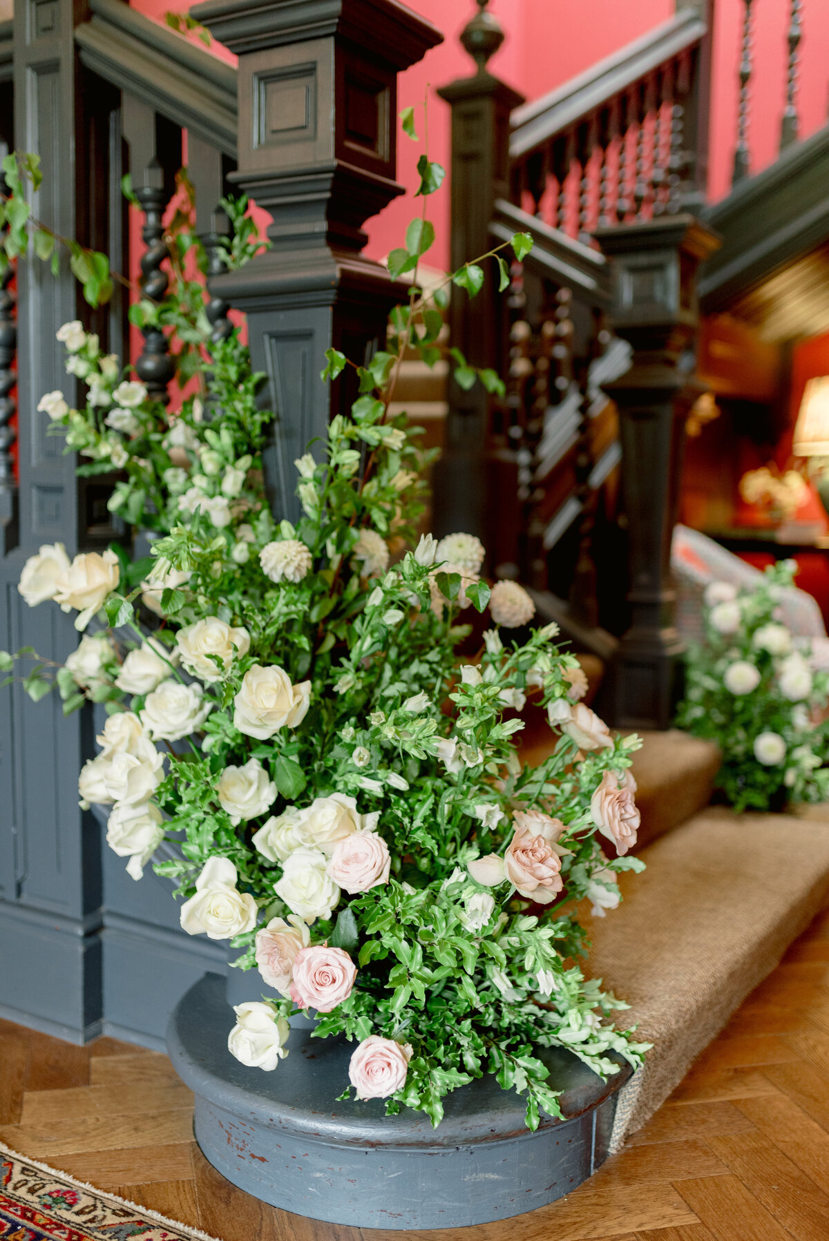 Cromlix House staircase florals by Lavender and Rose Events, intimate wedding in Cromlix House Scotland 2024.