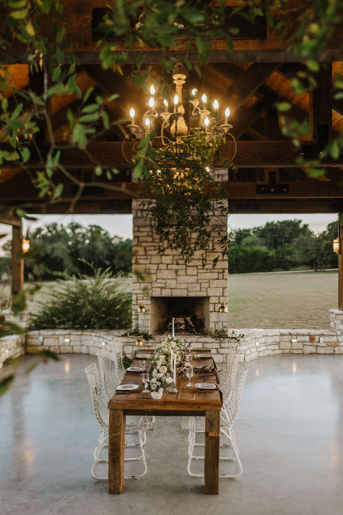 decorative table with large fireplace