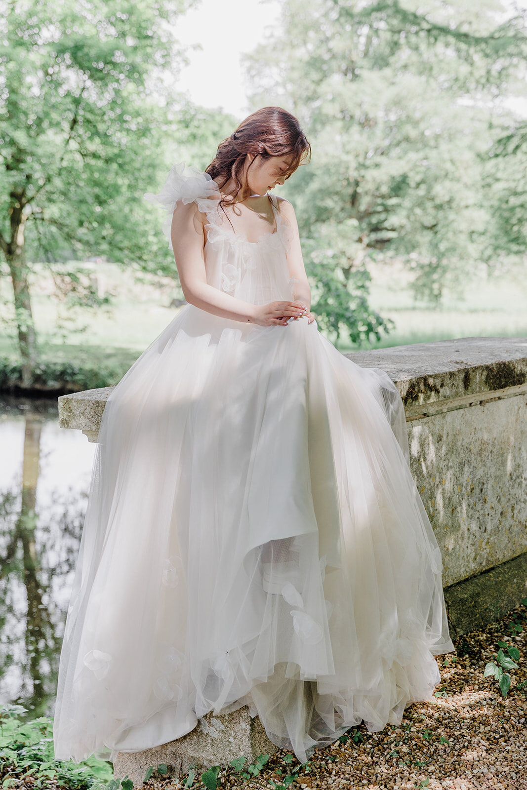 Elegant, cinematic Emily in Paris-inspired portrait during an intimate Loire Valley elopement