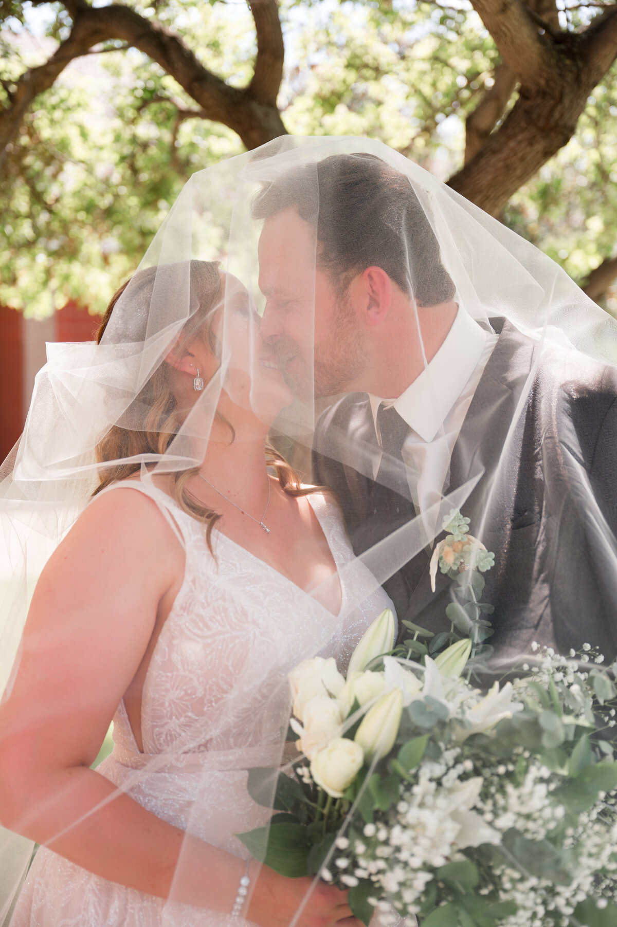 wedding couple kiss in romantic wedding photo under veil
