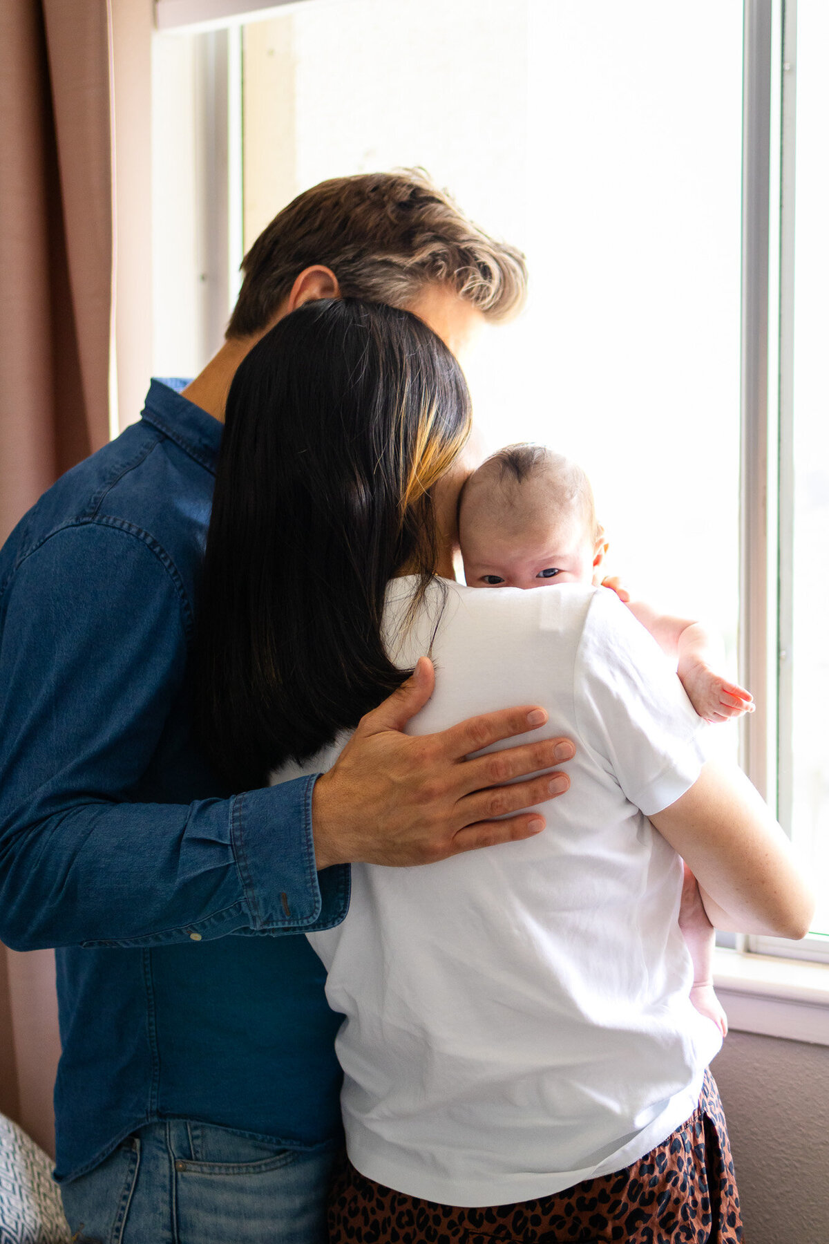Tender family moment with parents cuddling newborn with intense gaze by the window — Bay Area Newborn Portfolio - Ellobelle Photography Family Photographer