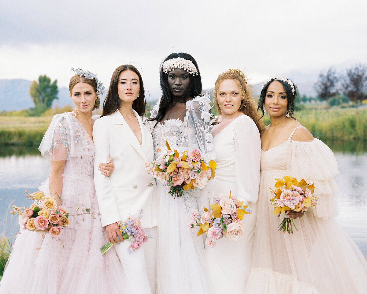 Diverse women in romantic bridal outfits