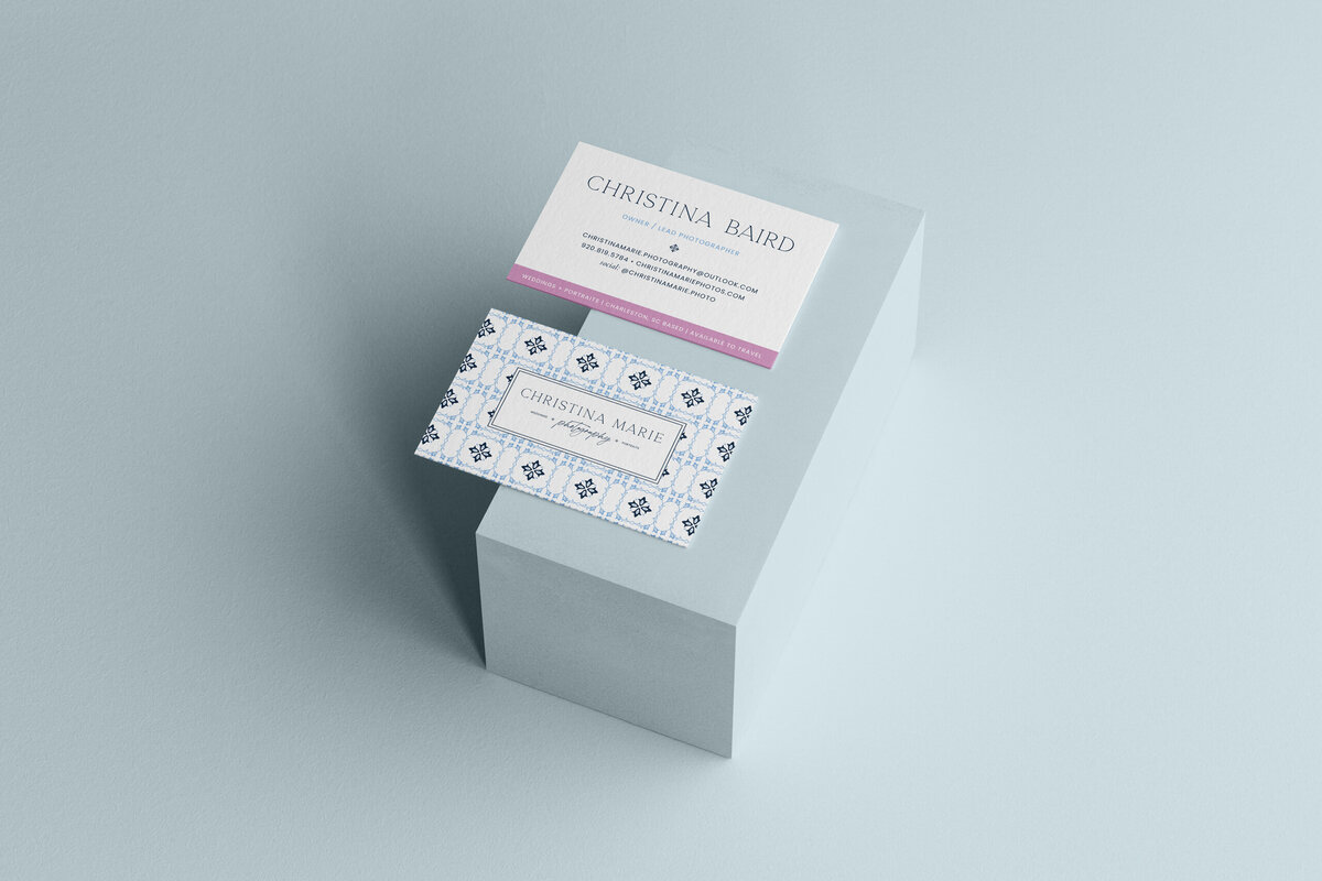 a mockup of blue and purple business cards
