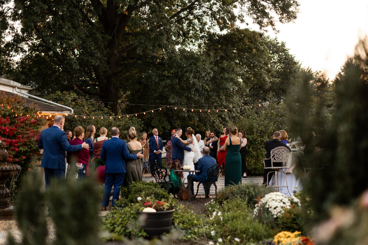 Birdseye view of a couple during the first dance outside at a venue in Lancaster, PA