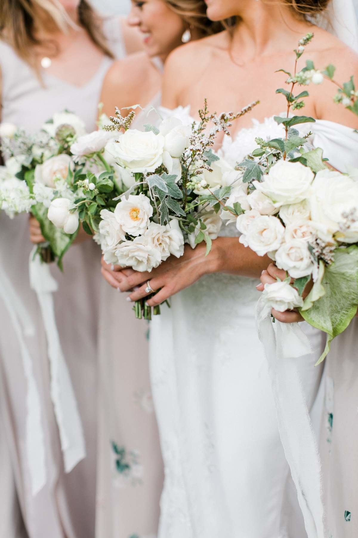 taupe-bridesmaids-dresses-with-white-bouquets