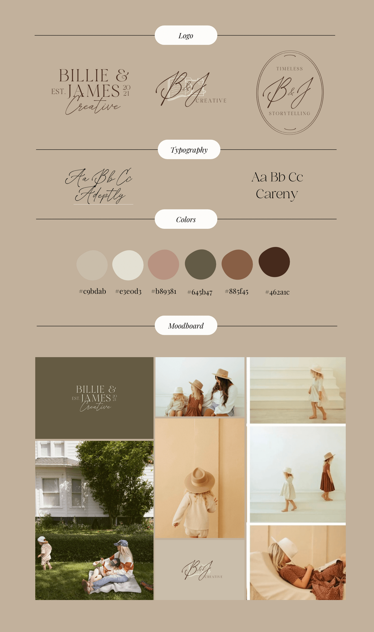 Moodboard showcasing fonts and colors along with lifestyle images showcasing branding icons representing full service design and calligraphy by Life in Letters.