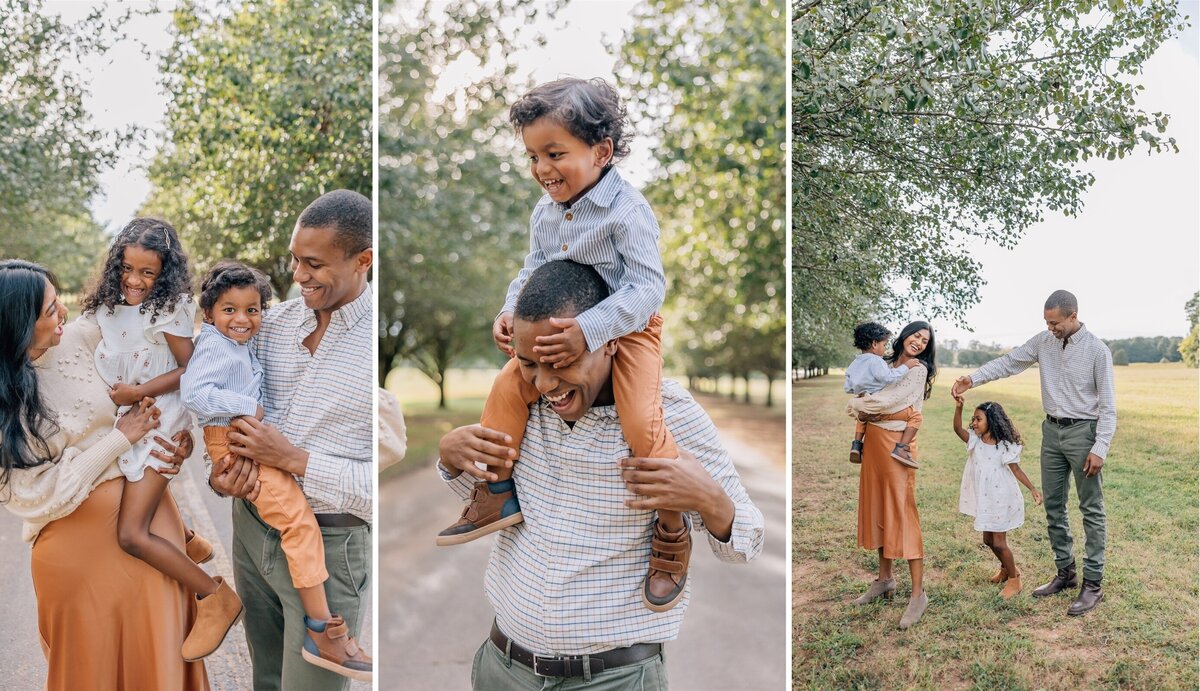 family of four laughing under the trees