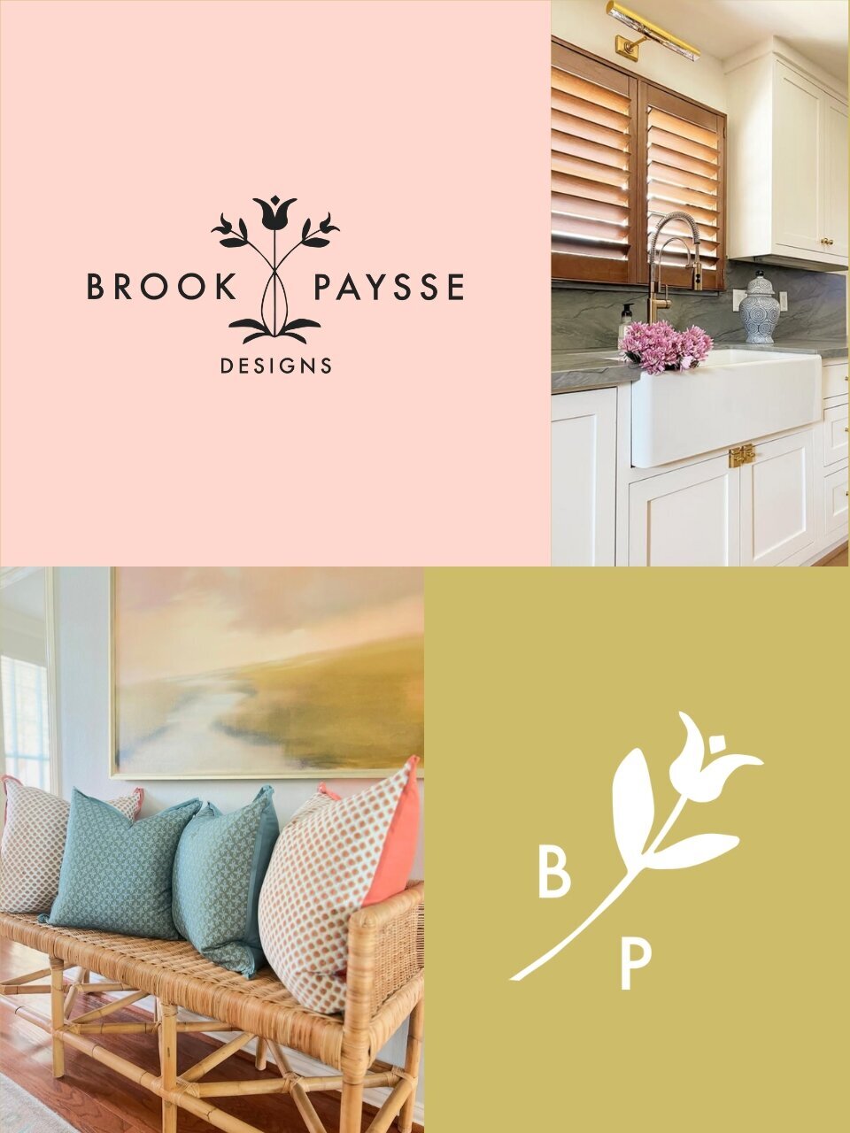Brook Paysse Designs logo with interior imagery including custom pillows, sink area, and secondary floral icon in mustard yellow.