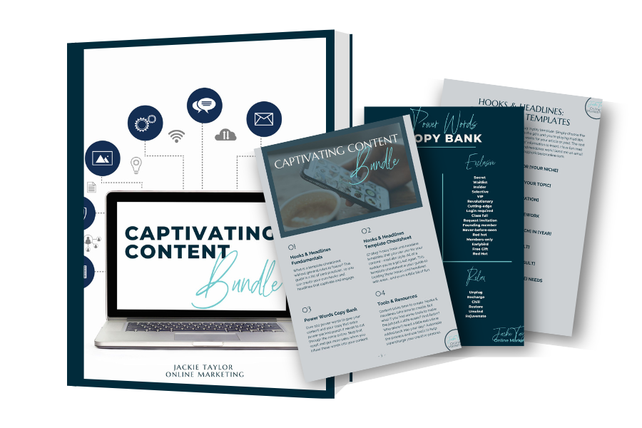 Captivating Content Bundle mockup on book cover with three pages from inside the bundle.