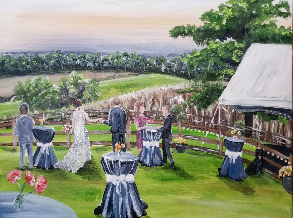 Cocktail hour live wedding painting in a garden