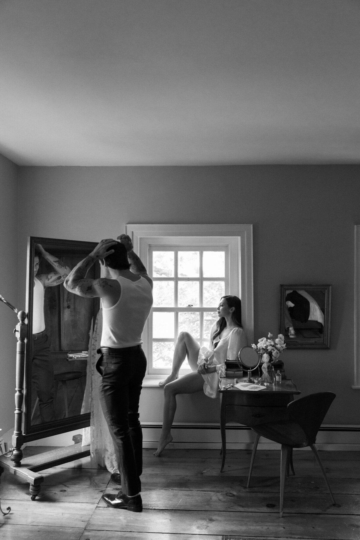 1 Wedding Couple Getting Ready Together at Wildrift Hall Albany, NY