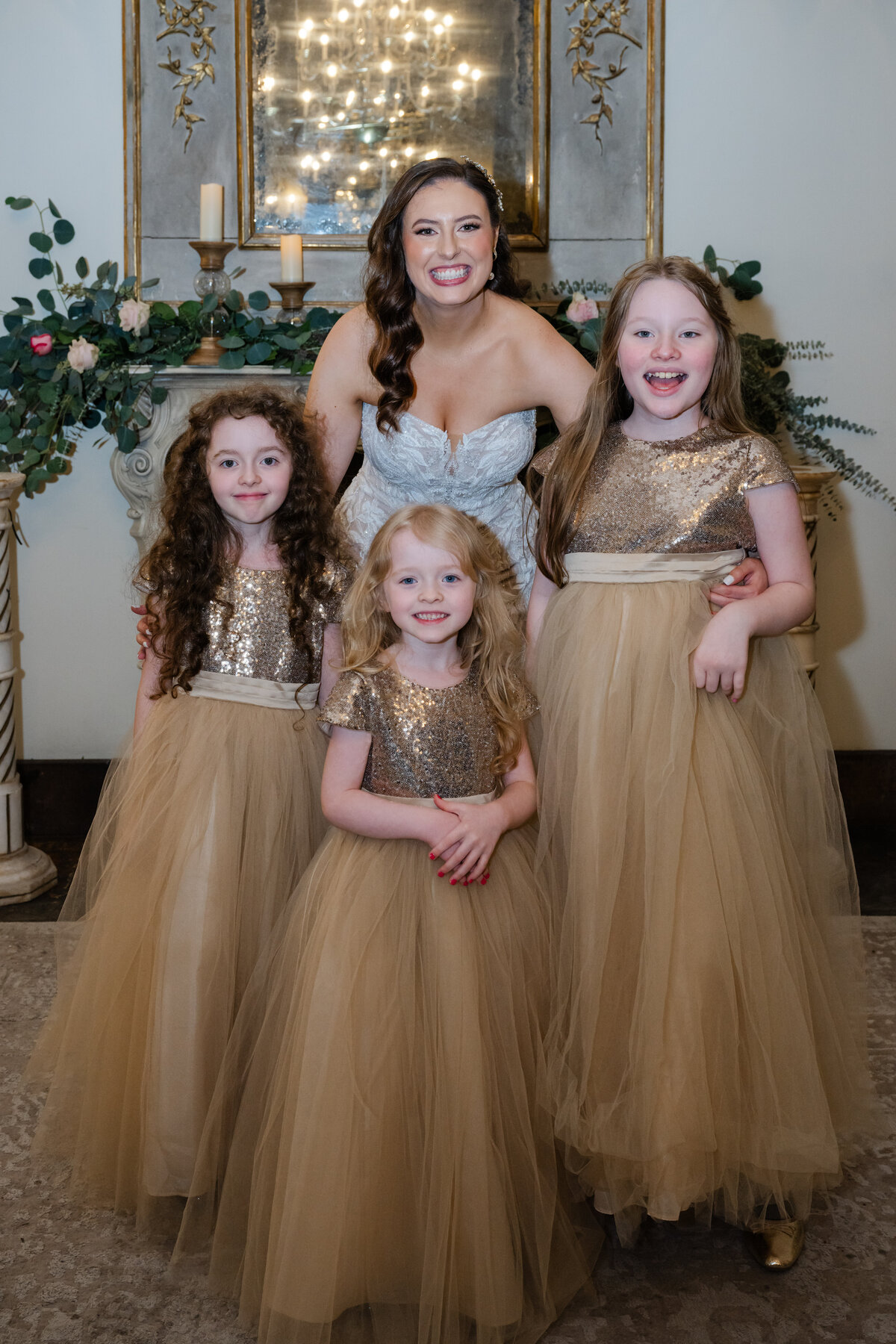 bride and flower girls portraits in ballroom seattle wedding venue