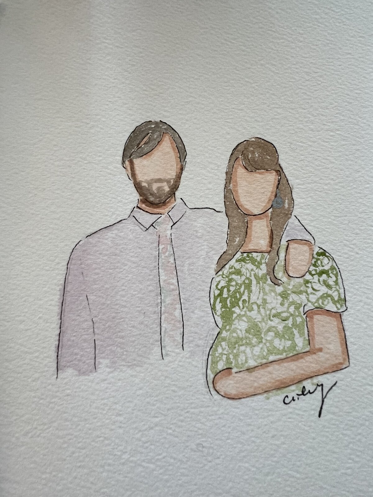 Preganat couple posed for watercolor portrait