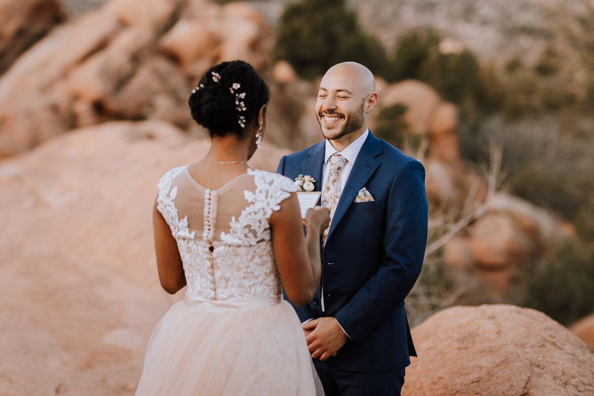 bride and groom at garden of the gods elopement