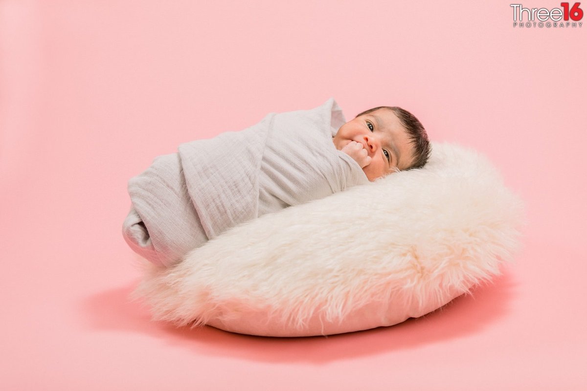 Baby lays on a pillow while posing for the newborn photographer