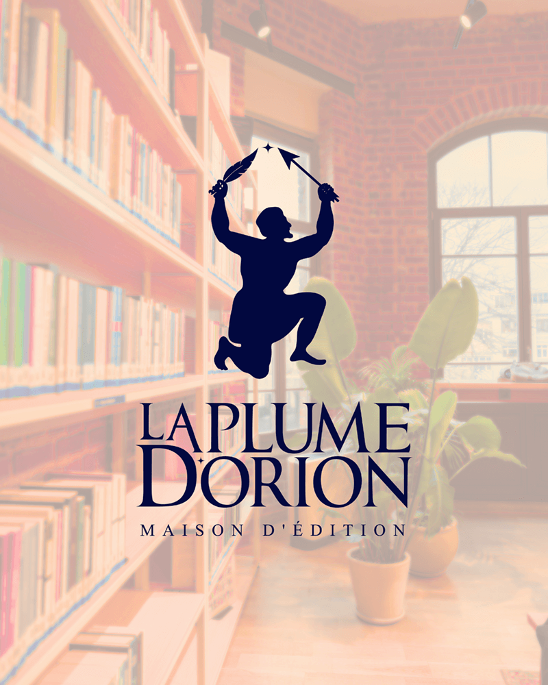 Maquette créée par Fenicia Studio pour l'identité visuelle d'une maison d'édition. Elle représente le logo sur fond d'une bibliothèque aux couleurs de l'univers graphique.