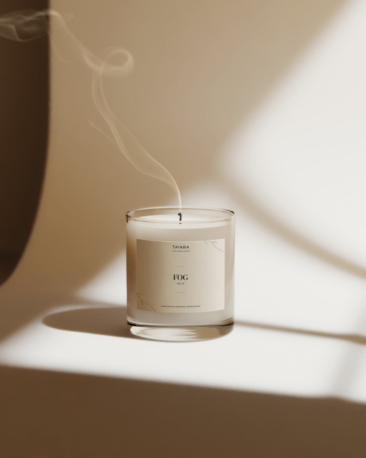 Minimalist candle label design on a candle with smoke coming from the wick