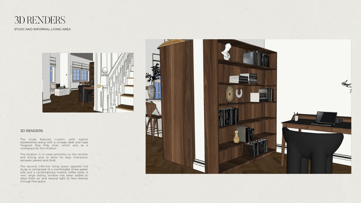 2D perspectives of an informal study area in a luxury heritage home, designed to blend refined heritage with contemporary luxury.