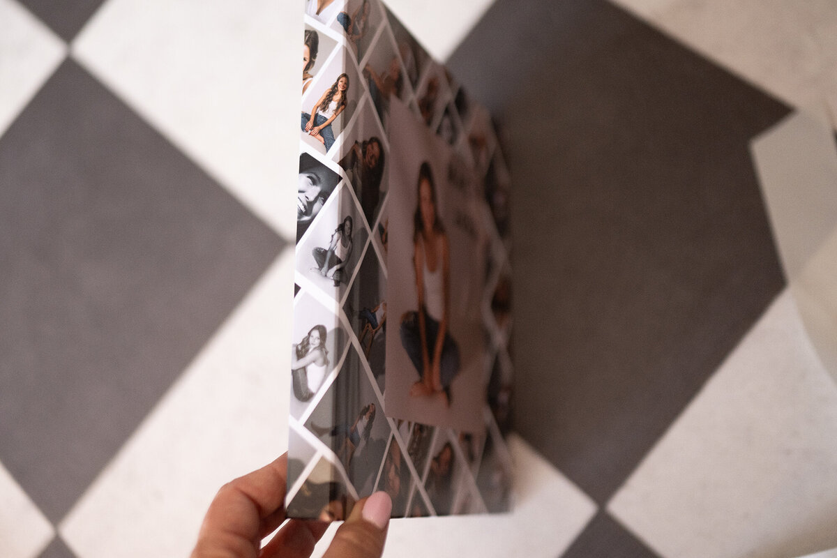 Details of Custom exterior of a photo album covered with the photos