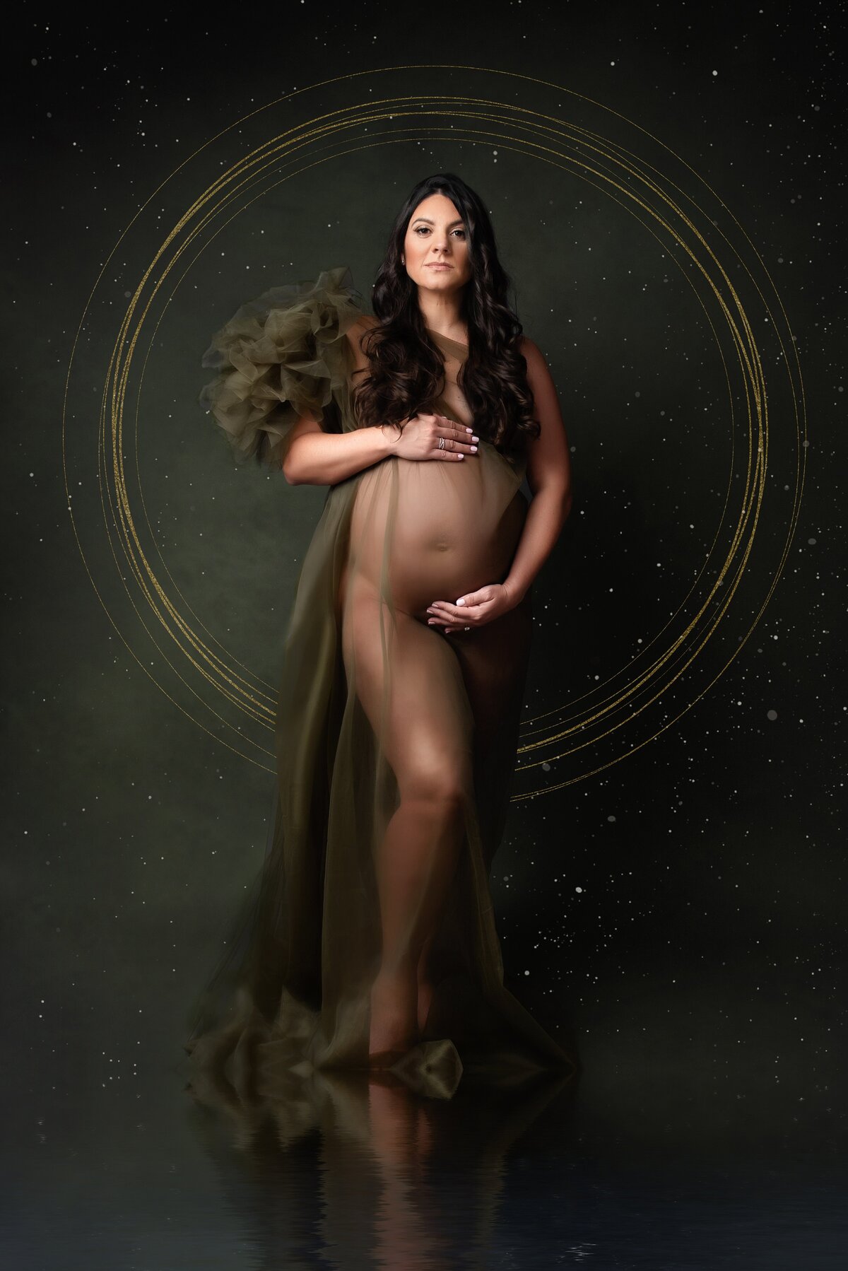Goddess Maternity Portrait in green couture client closet gown.