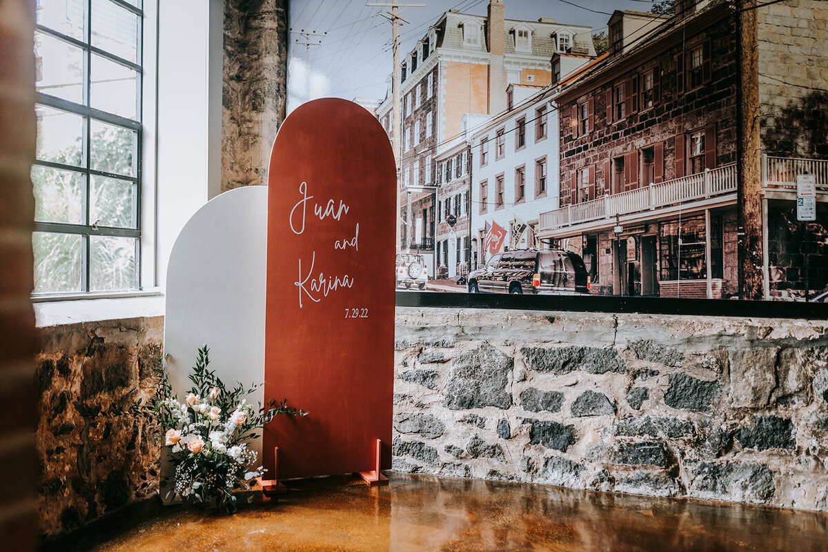Wedding welcome sign in a red and white board