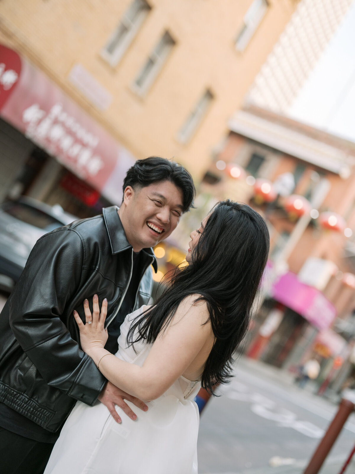 Urban engagement session downtown San Francisco Chinatown street style photography