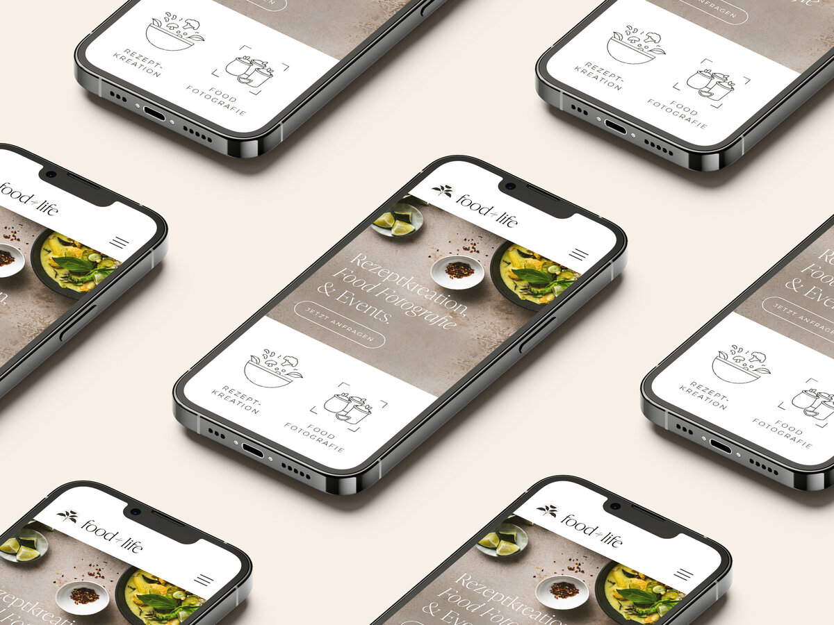 iPhone Mockups on light minimal background showing a food photographers website
