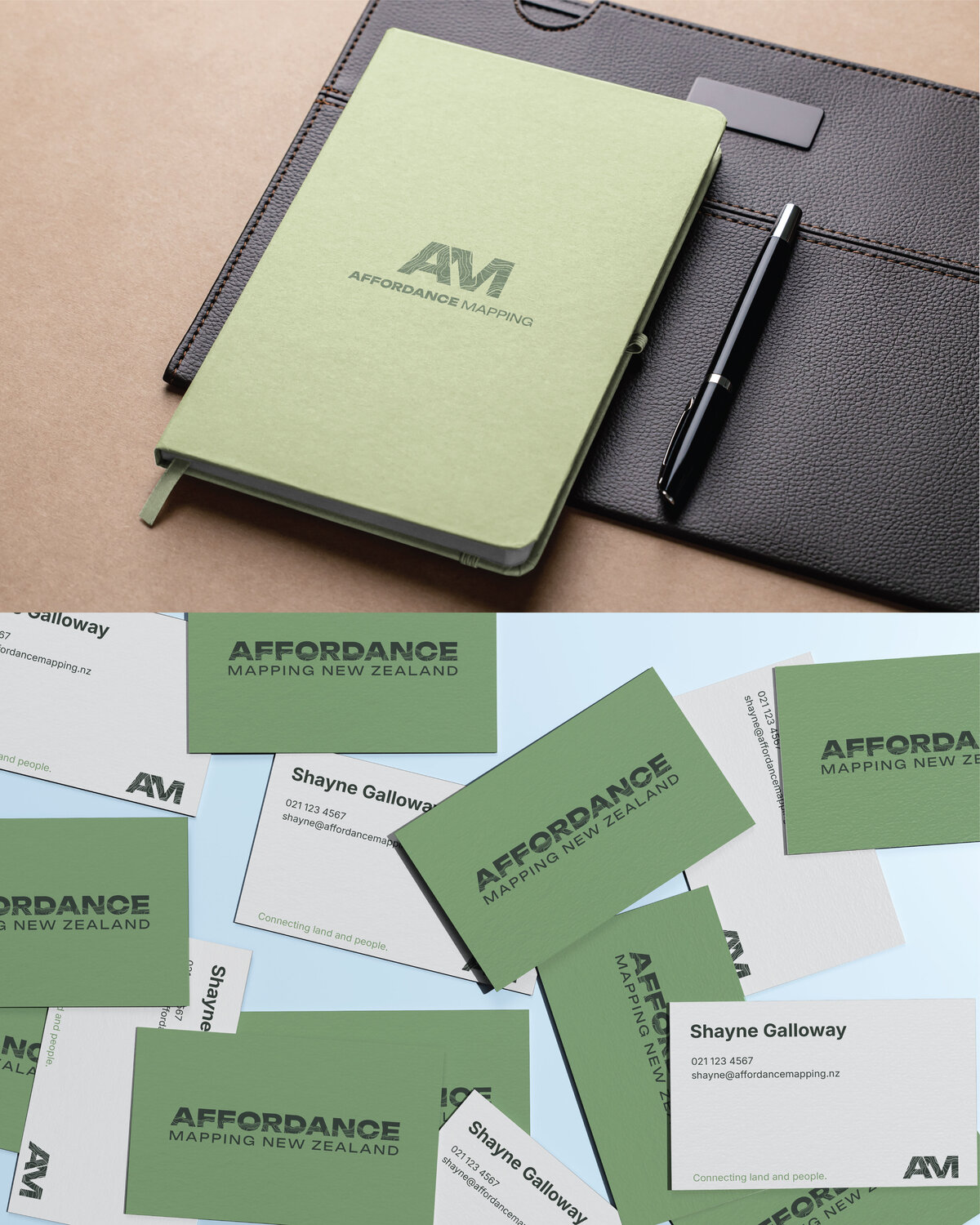 Logo design mockup for Affordance Mapping New Zealand on notebook and business cards, showcasing custom typography and a natural tone color palette. Designed by Wanaka graphic designer.