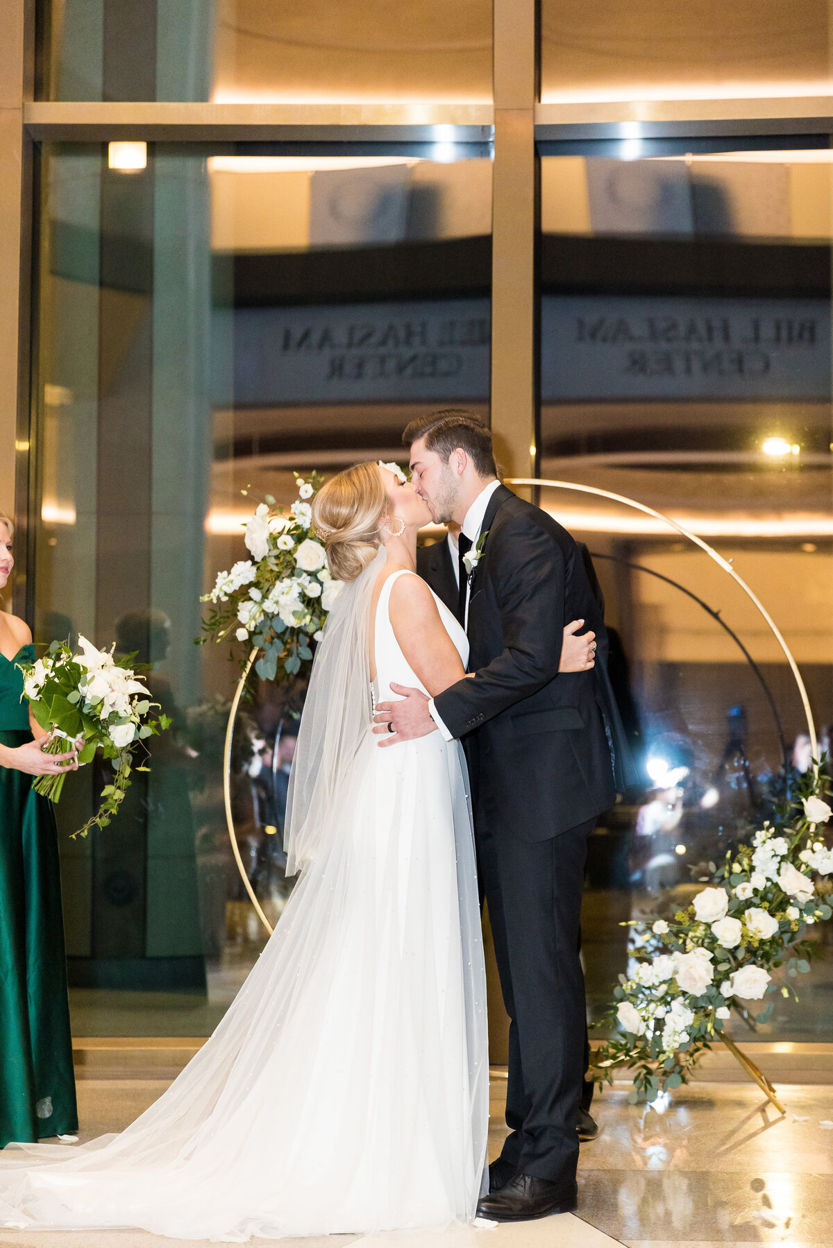 Bride and groom first kiss at wedding ceremony at Tennessee State Museum