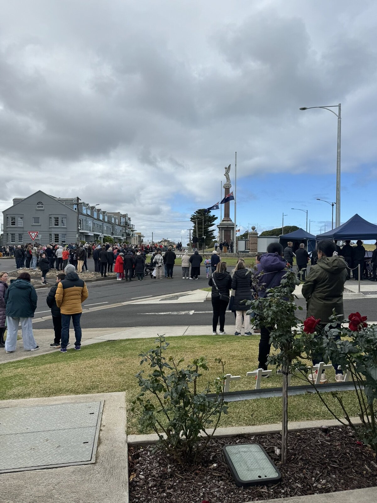 Crowds gather at Warrnambool RSL and the Angel of Peace Memorial  to commemorate ANZAC DAY