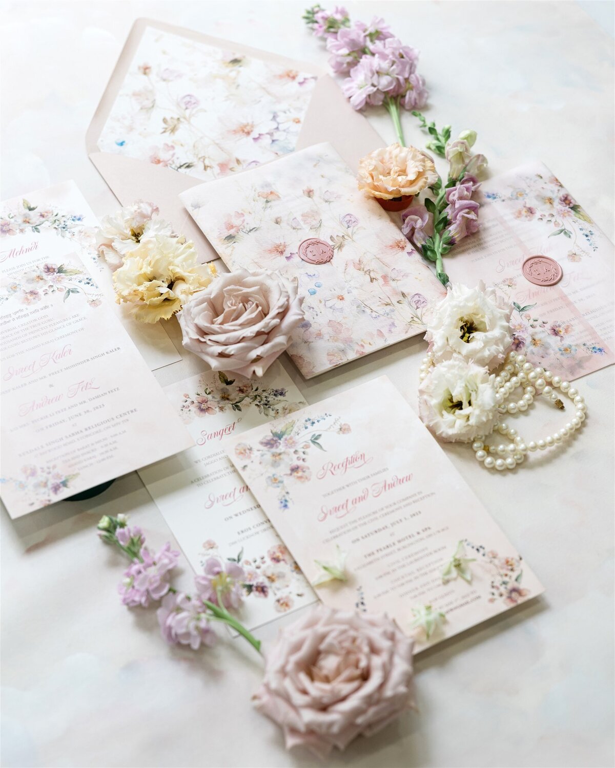 Blush pink delicate florals fusion wedding invitation suite G Designers 7